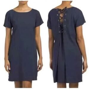Theory Linen Lace Up Back Raglan Dress Navy Blue
